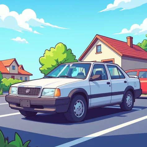 One car、Animated illustration parked in a parking lot、There's a house in the back、 Cartoon Designs 、 Simple Illustrations、 detailed illustration、Thick Line、 Clear Lines 、Clear Colours 、
