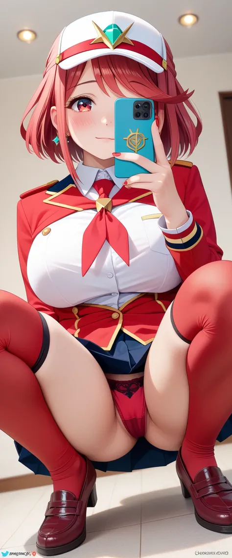  has,    perfect lighting   ,    beautiful and detailed eyes  , ((   masterpiece,    22 year old Best quality    ))   masterpiece, 4k,    ultra detailed, cosplay de pyra,    of foot, crystalline red eyes,   shiny hair,    blushing ,    slightly large thigh...