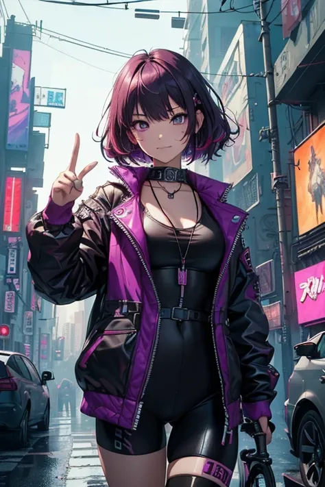 最high quality、best image quality、masterpiece、age girl((18-year-old、 By becoming、vest bust、medium bust,wide open breast tea、black eye, purple and red hair、habitual hair、thin,highest valley、Have a smartphone、smug face、peace sign、paint marks、Punk fashion)),hi...