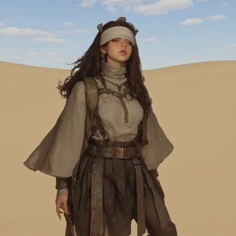  1 girl, Solo, Long hair, Cowgirl, 1889 ,  simple background,  Standing Pose, Desert Background 3D Rendering,  8k octane render , movies,  cloth blindfold on one side, 