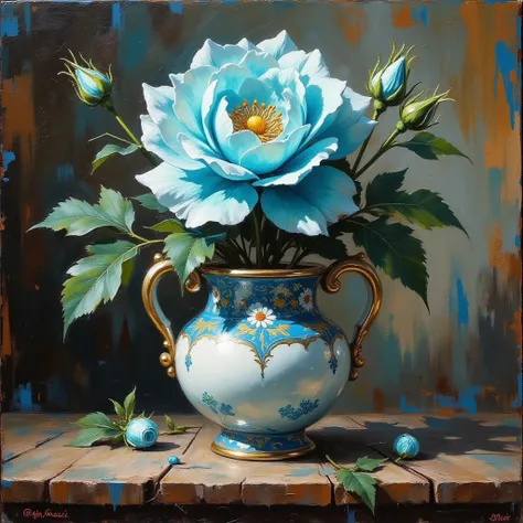 ( Masterpiece ,  Best quality ,  high definition,   lighting is very detailed:1.2),  complex background, still life,  Rule of Thirds , vintage oil painting depicting an azure rose in a porcelain vase on a rough wooden table