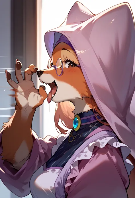  Masterpiece, Hi-Res, top quality,8k
(fox fur,furry,kemono ,Fluffy fur)
(Round Glasses)
(Maid Marian)

(Fellatio Gesture From Side)
(Vigorous hand movements, Motion Blur)
(looking at viewer)
