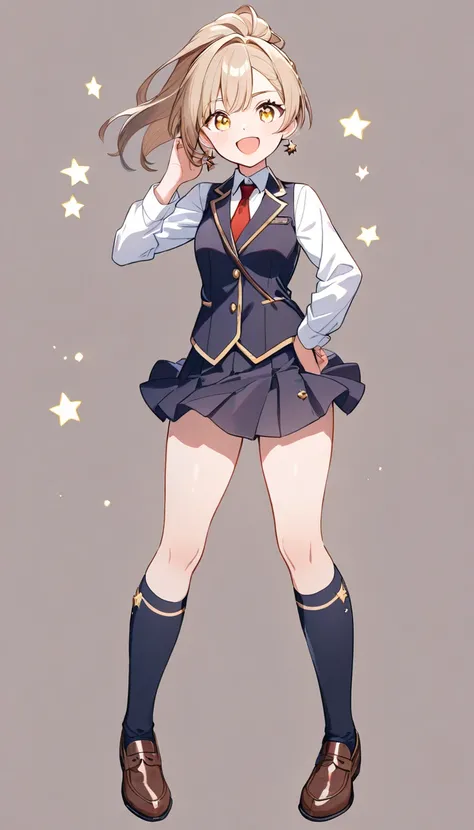 schoolgirl, standing, looking at viewer, smiling, best quality, yellow eyes, ager, school uniform,button open ivory vest, red necktie,white long sleeve shirt, ponytail, eyes open,whole body,brown loafer,double eyelid,navy mini skirt,paired with navy knee-h...