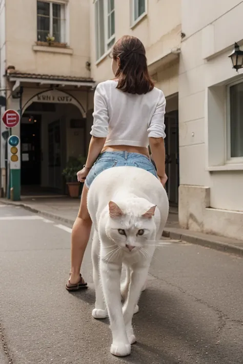 Woman riding a white cat while walking