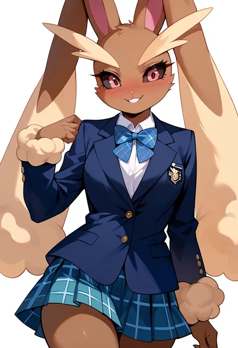  Masterpiece, Hi-Res, top quality,8k
(Lopunny)

( school uniform, Plaid Mini Skirt , navy blue blazer)
smile, I'm embarrassed
