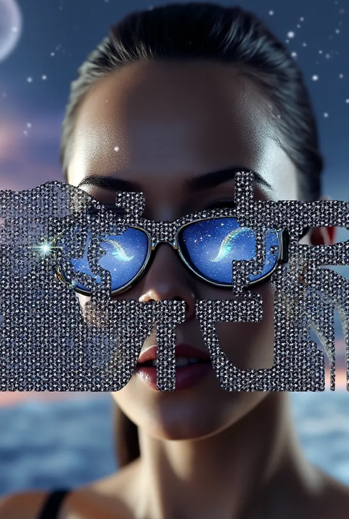 The model is wearing glass sunglasses with stars and the moon on the glass