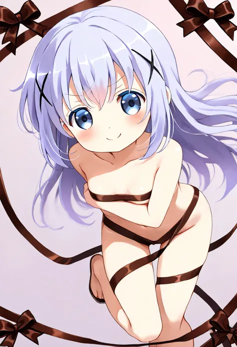 (anime colored), v-shaped eyebrows,Smile ,full body, Chocolate ribbon , Ribbon all over the body ,Naked and chocolate,1girl,solo,(loli), kafuu chino , (petite),very cute ,small breasts,Original style, Very high quality, soft to the touch, beautiful,super d...