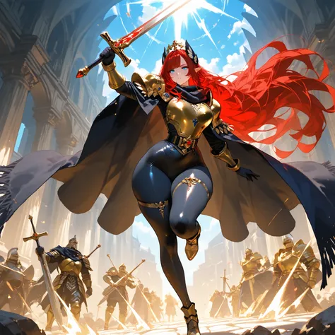 ExpressiveH, sinozickexpressaiu, A woman, blue eyes, wearing a black scarf, red glowing hair, pointy ears , very long hair, side bangs. Wearing black cloak, big cloak,  golden armor, leotard armor, black bodysuit, tight bodysuit , belt , tight armor, holdi...