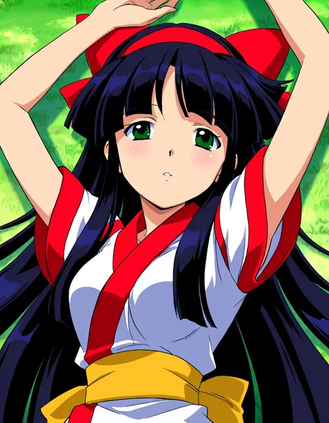 score_9, score_8_up , score_7_up ,12kmasterpiece, very aesthetic, (anime coloring, anime screenshot), official art, illustration, 
 1girl , Alone, Alone focus, 
((Nakoruru)), hair ribbon, medium breasts, 
nsfw,  Shiny Hair , 
, 
parted lips, 
, Expression ...