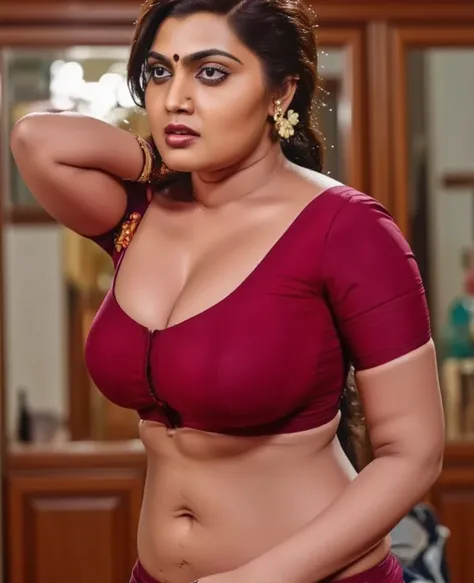 Whaeatush skin thick woman, wearing wine blouse, bindi in head, sweaty body, red glossy lips, wearing ear rings and small nosering,thin navel chain, little bit thick, black hair tied round her back of head, silky cury waist, sexy navel, inside bathroom, ha...