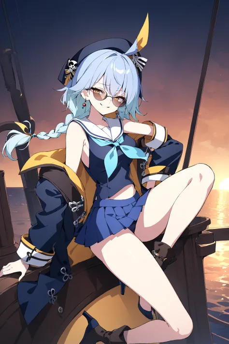  one girl, top quality,  textured skin,  very detailed,  Anatomically Correct ,  super high heels,  light blue hair, Earrings, Large round sunglasses ,  golden eyes,  gradient with green bristles,  on the ship,  seductive smile,  slender,  Shortcut,  anime...