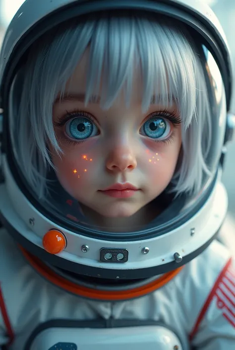  Close-up of an improved masterpiece:1.5)0.9], ( Space and astronauts:1.2) ( Untidy silver hair:1.1) ( heterochromia:  xanthochromia and blue eyes :1.2) (Space helmet:1.0) ( Colored stars in the eyes:1.0) ( A radiant glow:1.1) ( lip helmets:0.9)