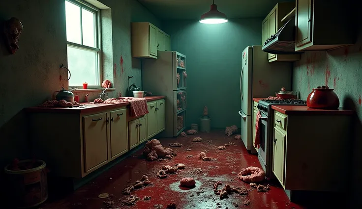 creates a macabre scene, full of gore. We see a room which is a creepy kitchen where human bodies are dismembered. The scene is from a horror movie, the atmosphere is oppressive. Containers full of human organs, everything dirty with blood everywhere.