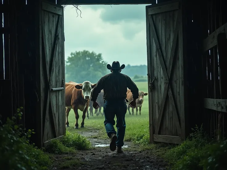  The farmer rushes to the barn and begins to close the doors , trying to protect his cows .  The wind gets stronger and some trees start to sway.