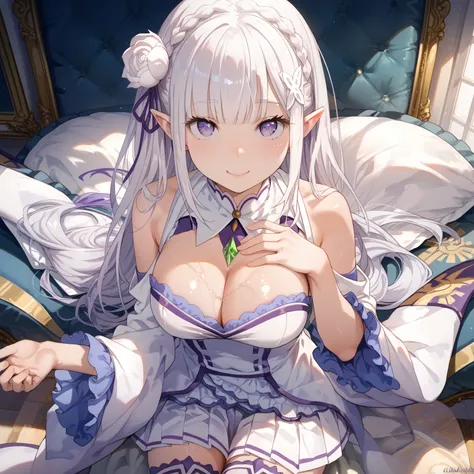 emilia, purple eyes, white hair, long hair, blunt bangs, hair ornament, braid, hair flower, pointy ears, bare shoulders, boots, cleavage, detached sleeves, green gemstone, long sleeves, pleated skirt, tailcoat, thigh boots, thighhighs white skirt, white th...