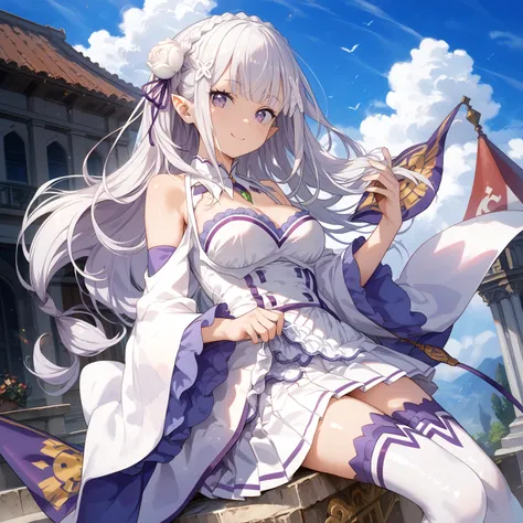 emilia, purple eyes, white hair, long hair, blunt bangs, hair ornament, braid, hair flower, pointy ears, bare shoulders, boots, cleavage, detached sleeves, green gemstone, long sleeves, pleated skirt, tailcoat, thigh boots, thighhighs white skirt, white th...