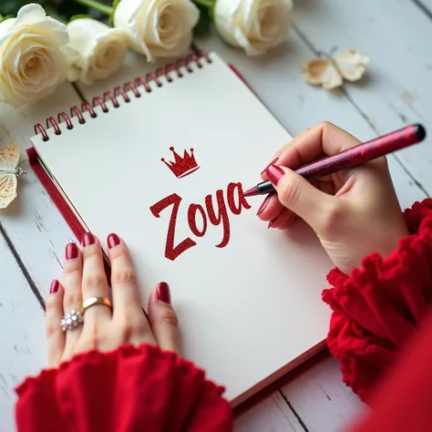 a close up image of Red tone Korean hands wearing Red princess lassy sleeves , ring and holding a glitter pen written on the notebook big word "Zoya" Red glitter centre of The Notebook and a crown shape charm top of the word. beautiful glitter nails wooden...