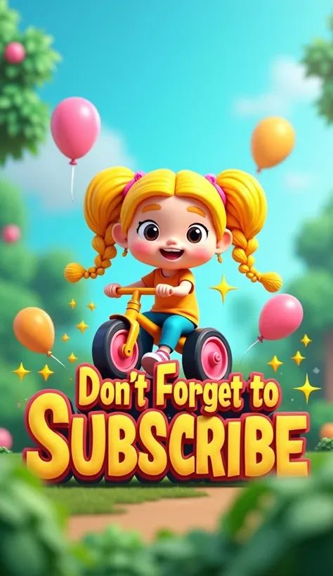  Create a high-quality 3D logo for a YouTube channel called 'DON'T FORGET TO SUBSCRIBE'.  Logo should have a unique and bright aesthetic , featuring elements such as a  with double braided hair and an adorable tricycle. The text 'DON'T FORGET TO SUBSCRIBE'...