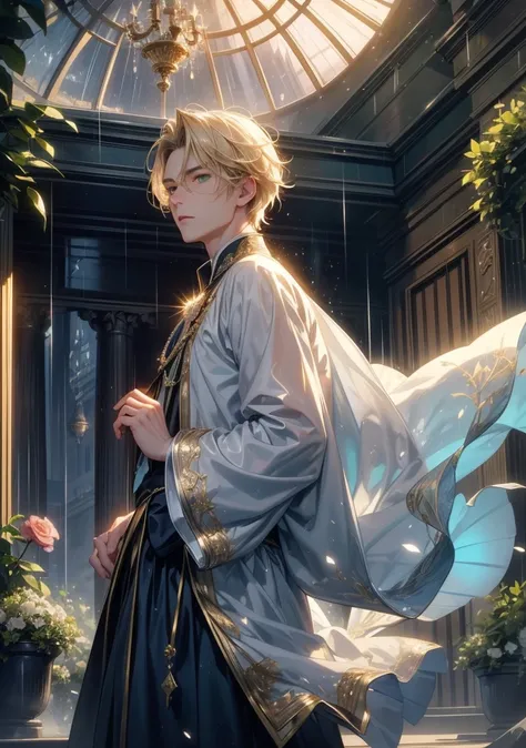  top quality。 detailed depiction of up to the front door。Old Castle Greenhouse 。 cool and handsome adult man、(( one adult man))。 short hair、((male short hair)), (( Light Blonde ))。 cool and impressive appearance 。((fresh green eyes))。Sharp and cool impress...