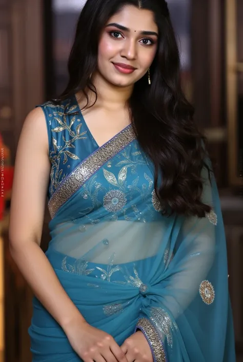 Full size Photo of a malayali house wife, top view, wearing blue transparent saree  and sleevelees blue transparent blouse, long hair, subtle smile, dramatic lighting,  photoshoot of  designer sarees, in an indian temple, viewing at the camera