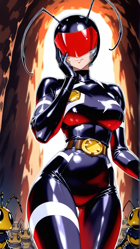 (Incredibly high resolution, masterpiece, top quality, highly detailed, CG, high quality anime drawings),(Many women in ant-inspired, superhero show villain costumes, legions of fighters),(The entire ensemble is dominated by a glossy black color scheme. Th...