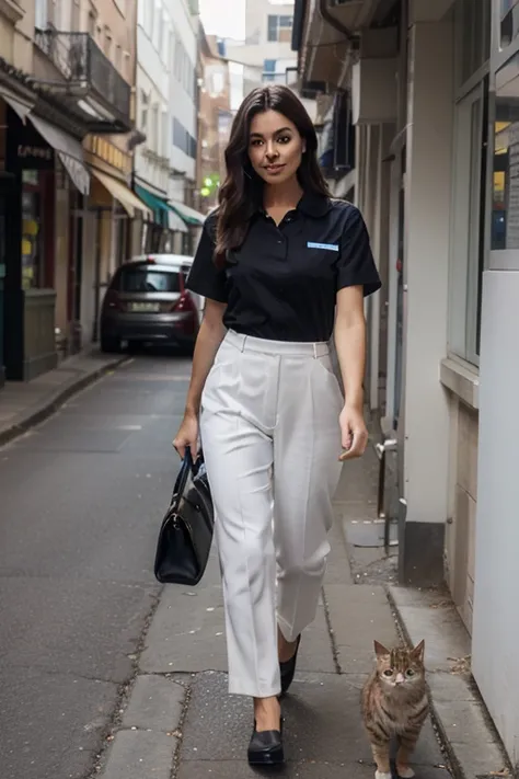 picture of a cat walking wearing a work uniform 