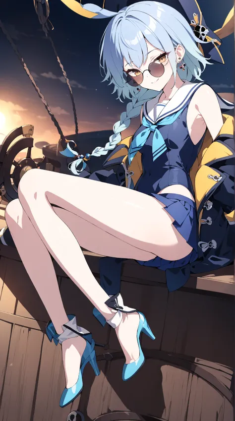  one girl, top quality,  textured skin,  very detailed,  Anatomically Correct ,  super high heels,  light blue hair, Earrings, Large round sunglasses ,  golden eyes,  gradient with green bristles,  on the ship,  seductive smile,  slender,  Shortcut,  anime...