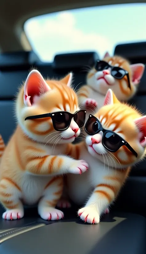 A group of baby kittens with sunglases fighting cutly, fluffy, chobi, Sweet face. On the back seat of a car. 3D Style