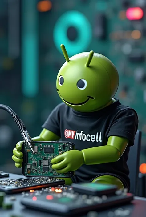 I would like an image of a happy realistic humanoid Android,  sitting on a microscopic bench repairing an open smartphone with a soldering iron in the other hand, And wearing a shirt with the  @MV_Infocell with the background of the image that looks like e...