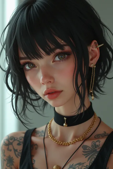 Short woman of 1 .50 tall with bangs, piercing and tattoo 