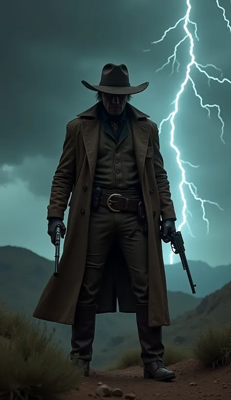 Evil bounty hunter as a cow boy in the wild west with weapon at night and thunderstorm epic