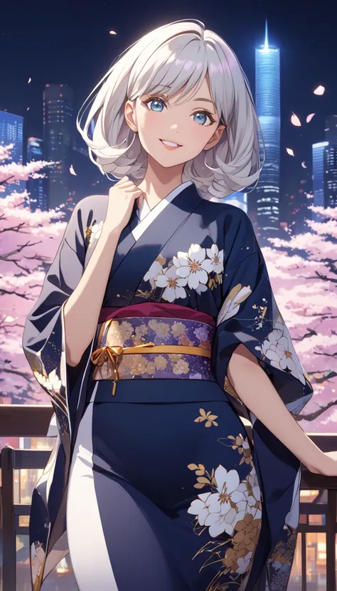 This is an illustration of an anime girl with a perfect hourglass figure, white hair and tanned Japanese skin in a new and vivid pose. She is wearing a kimono with graceful curves that reflect the golden ratio, adorned with a contemporary design that signi...