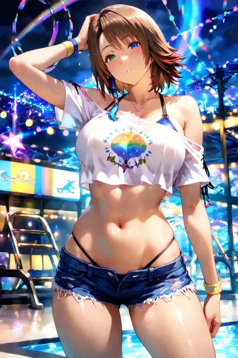 NSFW,Masterpiece,top quality,Hi-Res,very detailed,Yuna\(Final Fantasy X\),blue eyes,brown hair at the gym,green eyes,hair ornament,rainbow heterochromia,short hair,crop top shirt,off the shoulder on the head,denim shorts in the summer city,high leg bikini,...