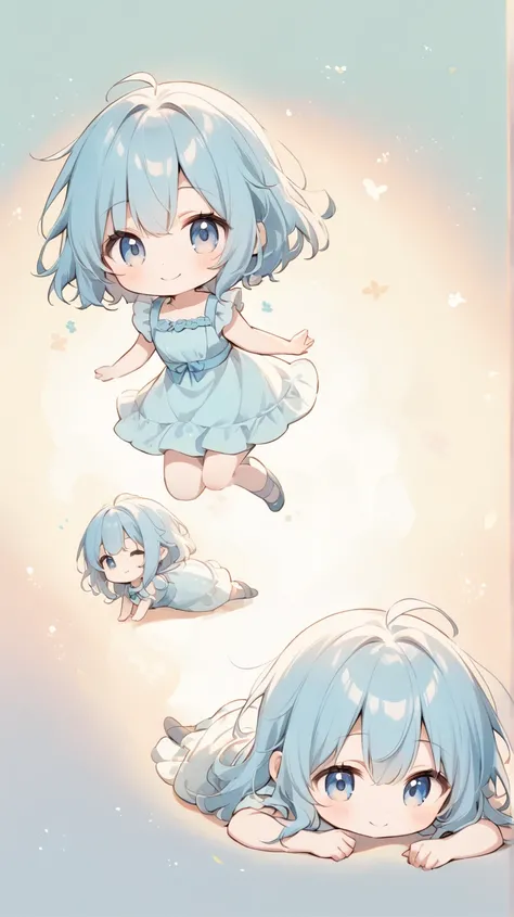  The use of pale lines and soft colors is like a dream, Fleeting Impressions.., The girl is wearing a light blue dress、 smiling girl,(chibi) , (prone) , (on stomach) , (full body),lying down