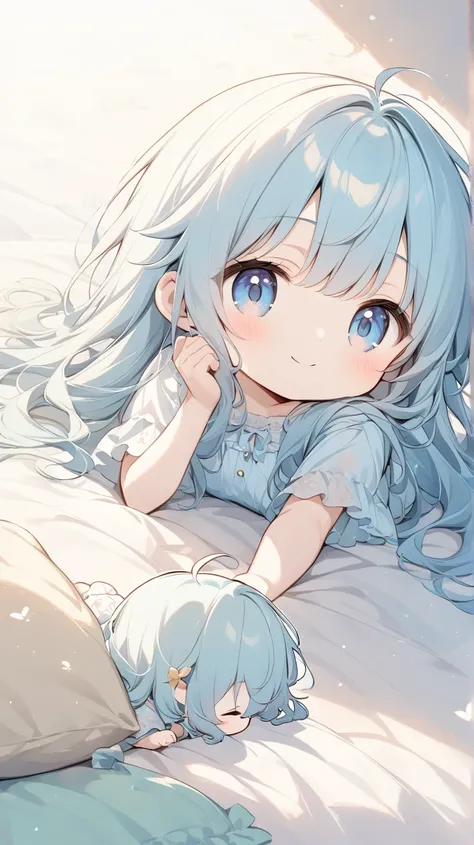  The use of pale lines and soft colors is like a dream, Fleeting Impressions.., The girl is wearing a light blue dress、 smiling girl,(chibi) , (prone) , (on stomach) , (full body),lying down