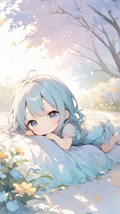  The use of pale lines and soft colors is like a dream, Fleeting Impressions.., The girl is wearing a light blue dress、 smiling girl,(chibi) , (prone) , (on stomach) , (full body),lying down