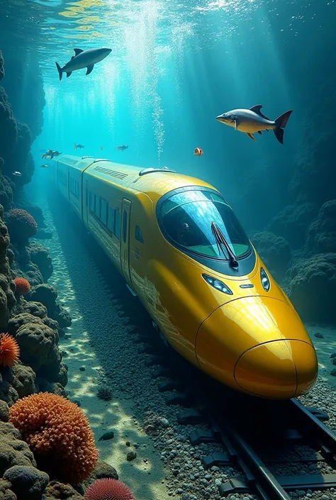 “The golden high-speed train is futuristic. The windows are made of transparent glass. It is running on the tracks. It is underwater. Surrounded by various fish, both small and large. You can see corals and sea anemones on the tracks. This train looks mode...