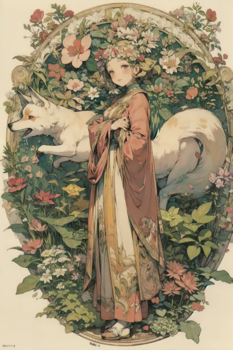 Mucha art deco style, Plant and tree design、1 woman, Watercolor,  spring, lac34rmor, (fox, from front), chibi, flat color,