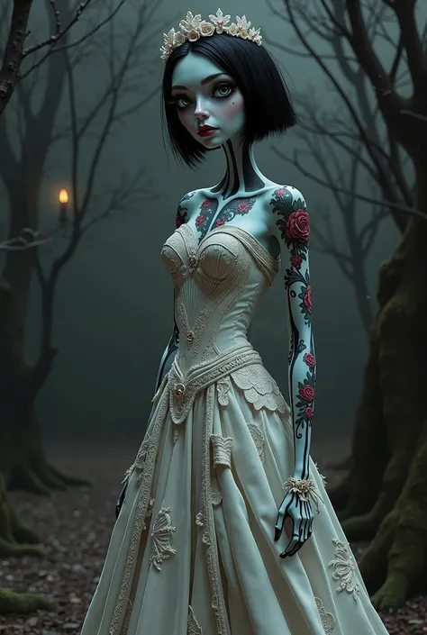 Sally Skellington with short black Chinese bob haircut with red ombre and rose tattoos wearing a black lace on white Jack skellington wedding dress