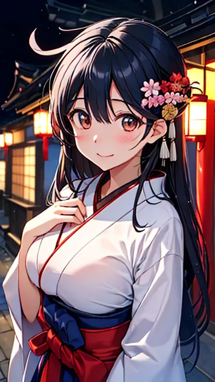 (( Drawing only the upper body ))、 top quality、 Hi-Res、 high image quality、 Hi-Res、((Stroll through the city of Kyoto、Ancient Japanese architecture ))、(, length_hair, black_hair, stupid hair,  brown_eye, , chest,  big_chest, 、 glossy lips、 Glowing Skin 、  ...