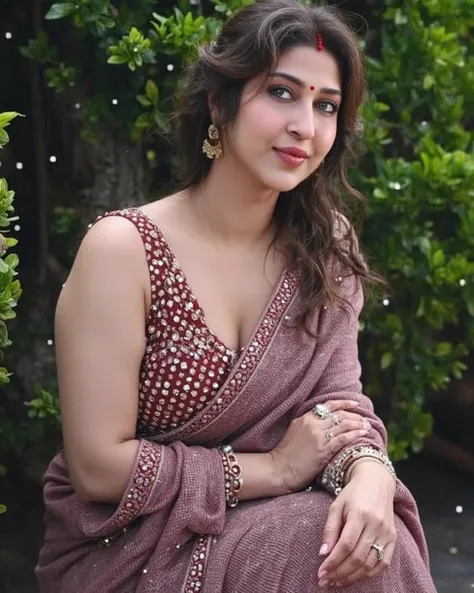 Full body photo portrait of Indian heroin ((Sonarika Bhadoria)), wearing maroon saree with slaveless blouse, looking at viewer, red Bindi on forehead, her hands up, big breast thick thighs, bangles on both hands, horny face, good proportion, front focus, (...