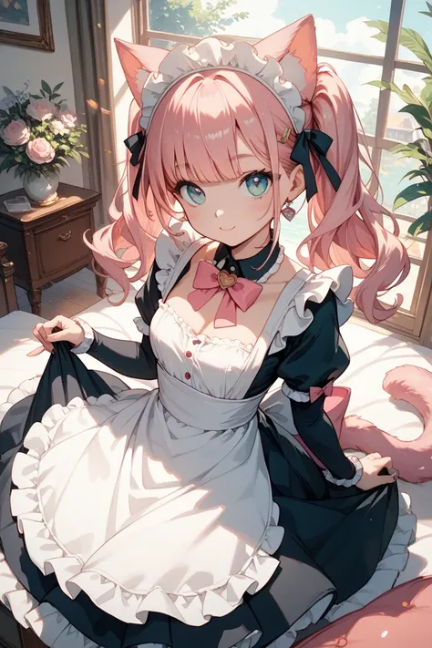 cute  with pink cat ears fluffy atmosphere maid clothes