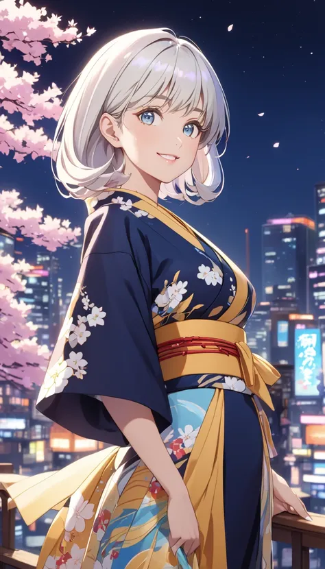 This is an illustration of an anime girl with a perfect hourglass figure, white hair and tanned Japanese skin in a new and vivid pose. She is wearing a kimono with graceful curves that reflect the golden ratio, adorned with a contemporary design that signi...