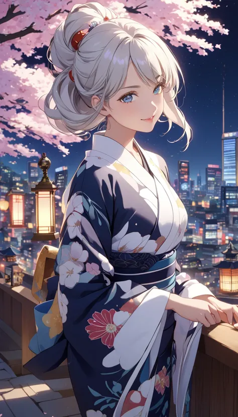 This is an illustration of an anime girl with a perfect hourglass figure, white hair and tanned Japanese skin in a new and vivid pose. She is wearing a kimono with graceful curves that reflect the golden ratio, adorned with a contemporary design that signi...