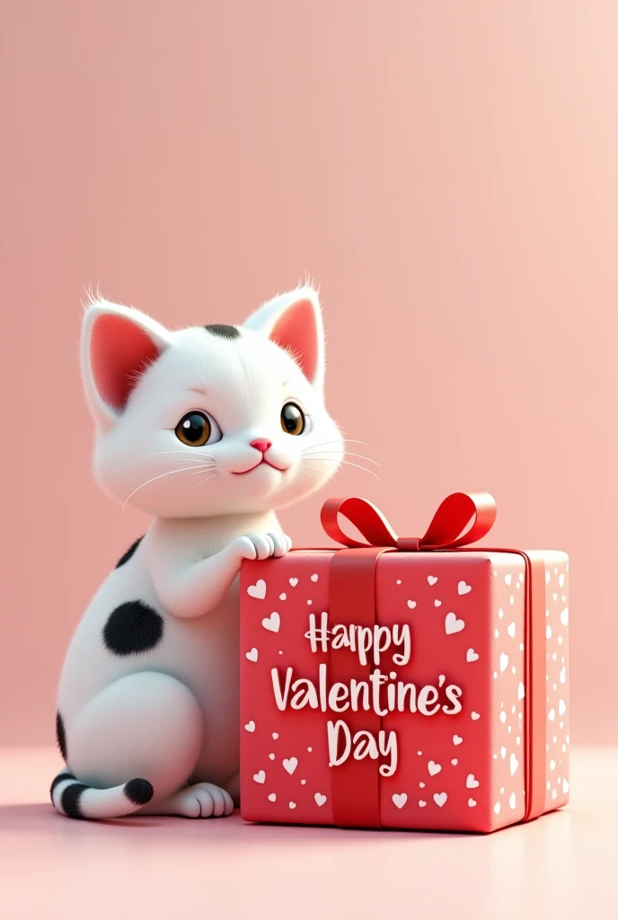 A white cat with black spots sits next to a gift box 🎁 with the words "Happy Valentine's Day" in 3D.