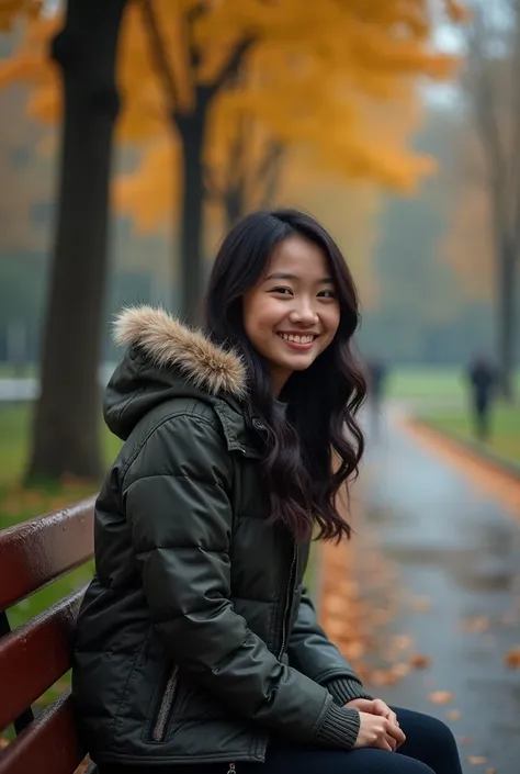  100k ultra HD realistic and very real .  A 17-year-old Indonesian woman with a beautiful face smiling ,  wearing winter clothes ,  sitting on a wet park bench after rain ,  surrounded by trees with yellow and orange autumn leaves, calm and slightly gloomy...