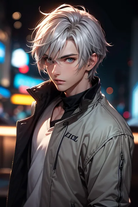 anime boy, handsome face, (face detail), silver hair, (hair detail), light gray eyes, (ultra eye detail), wearing casual clothes with jacket, (clothes detail), cool pose, (body detail), charming gaze, bar background, (background detail), (make clear and go...