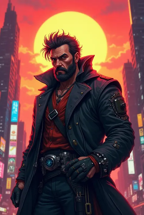  Cyberpunk,a pirate, man,Sunset, anime style 