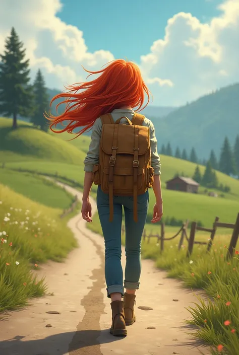  Redhead walking down the road Cabelos do Vento realistic backpack