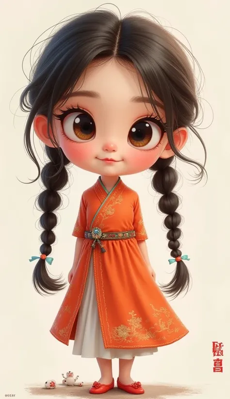 ( Masterpiece,   Best Quality :1.2), Paintingสีน้ำ，Cartoon character design 。 1 girl ,  alone，Big eyes， cute expressionDouble braid ，Chiang Hai dress ， Avatar ，Painting， interesting ， interesting ，Clean lines，, the human anatomy is correct
